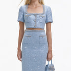 BLUE SEQUIN BOUCLE CROP TOP Avalabel