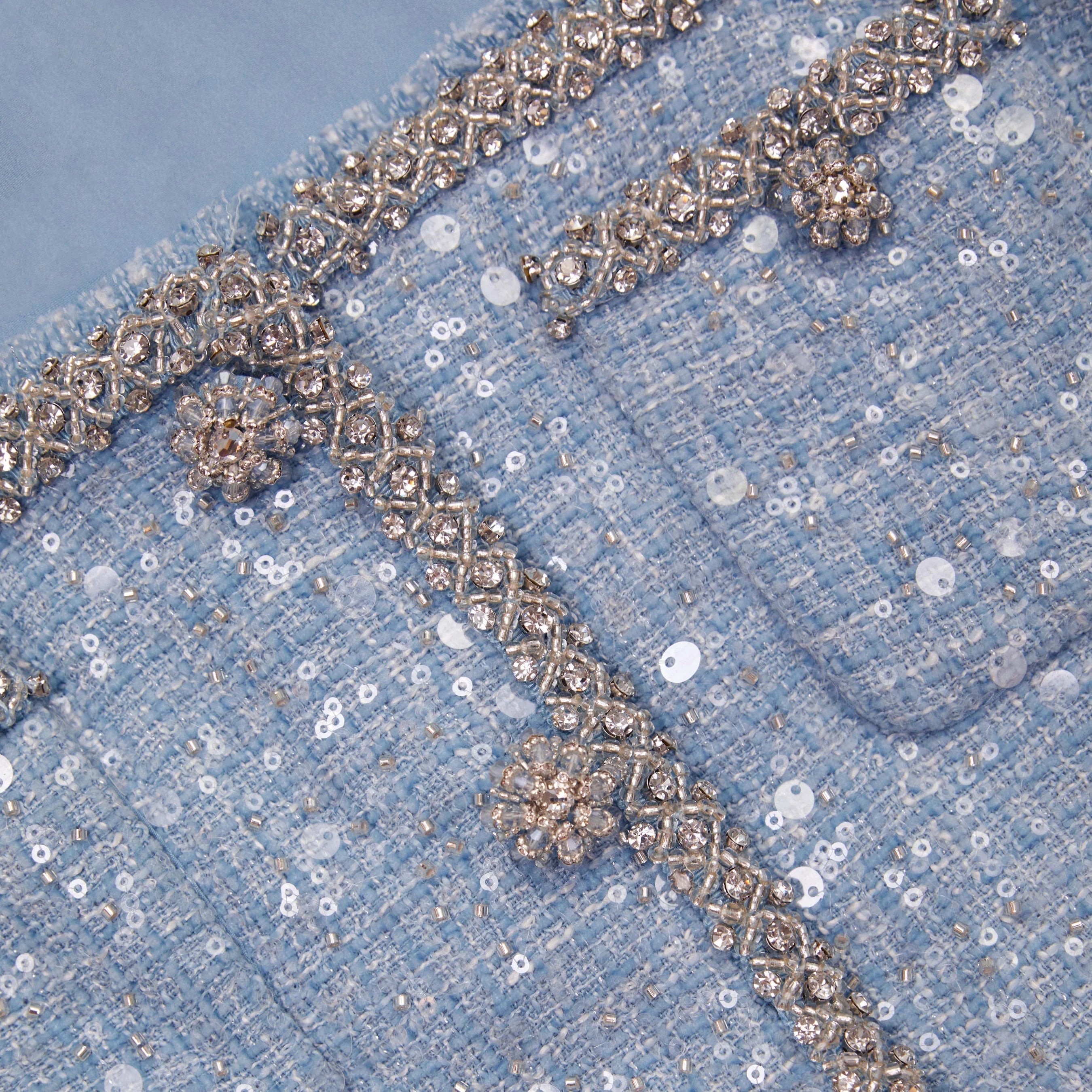 BLUE SEQUIN BOUCLE CROP TOP Avalabel