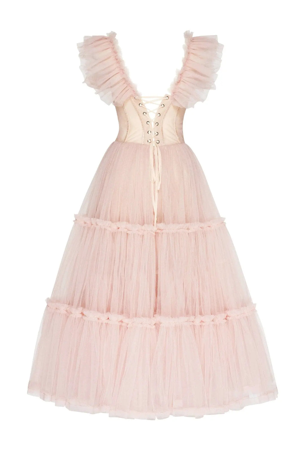 Misty Rose Ruffled Tulle Midi Dress Avalabel