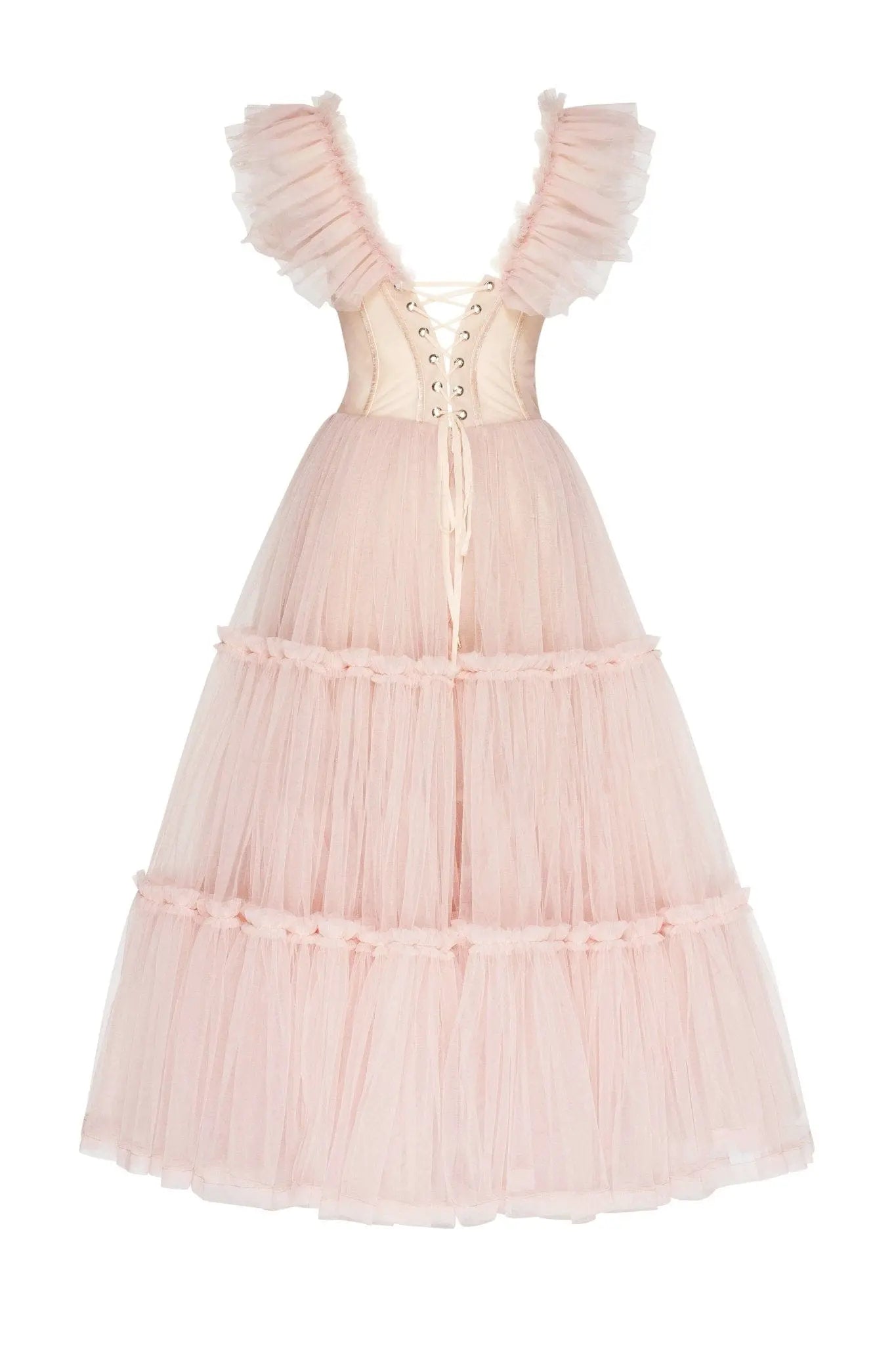 Misty Rose Ruffled Tulle Midi Dress Avalabel