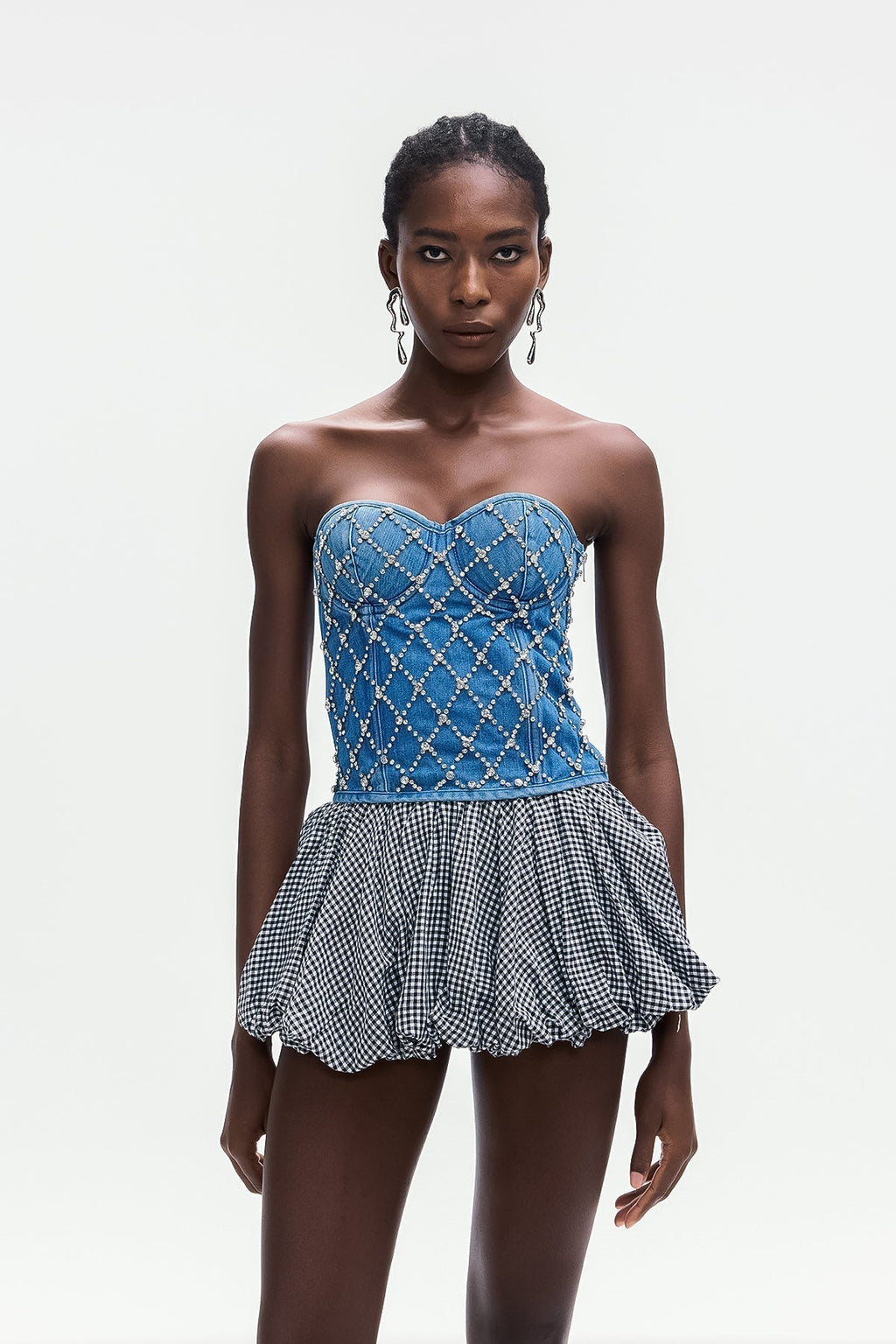 Jacqueline Crystal Embellished Strapless Denim Top in blue Avalabel
