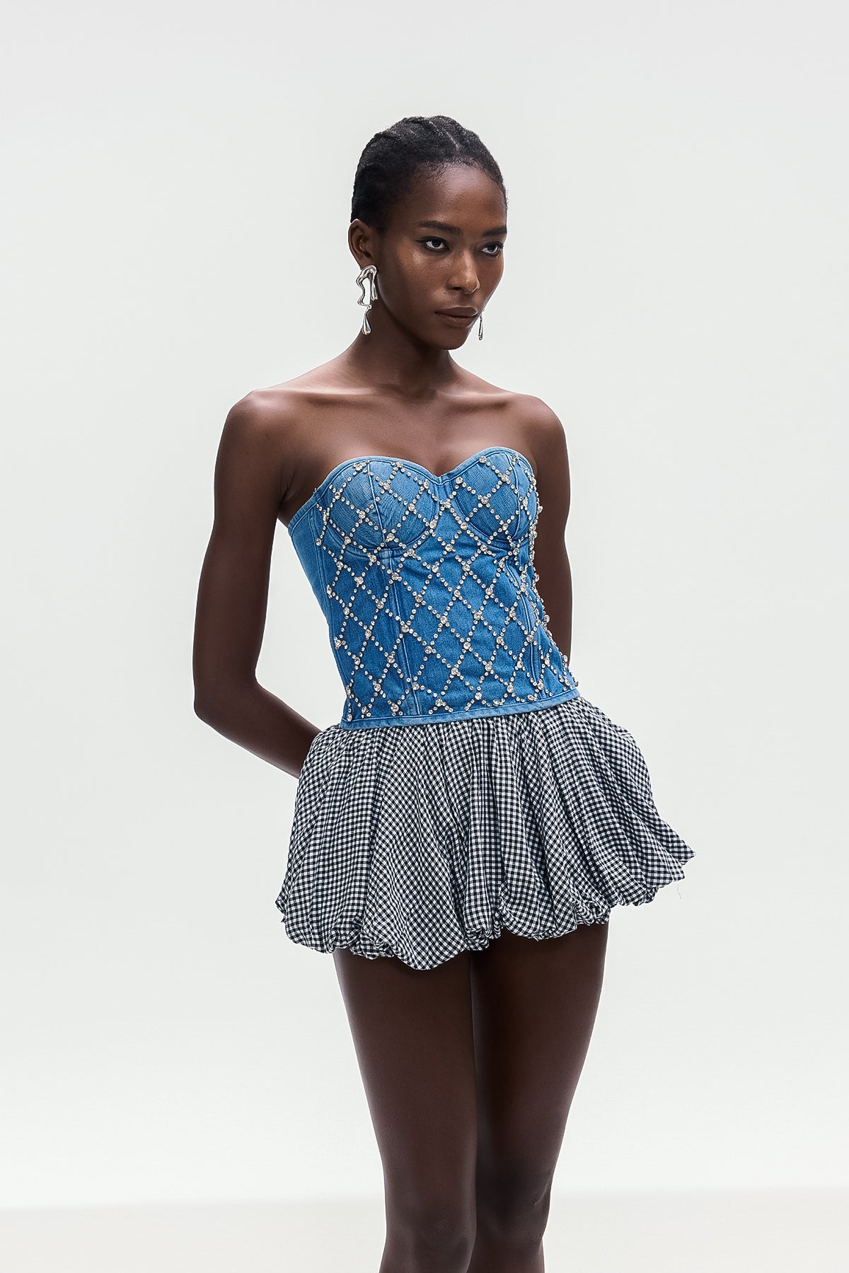 Jacqueline Crystal Embellished Strapless Denim Top in blue Avalabel