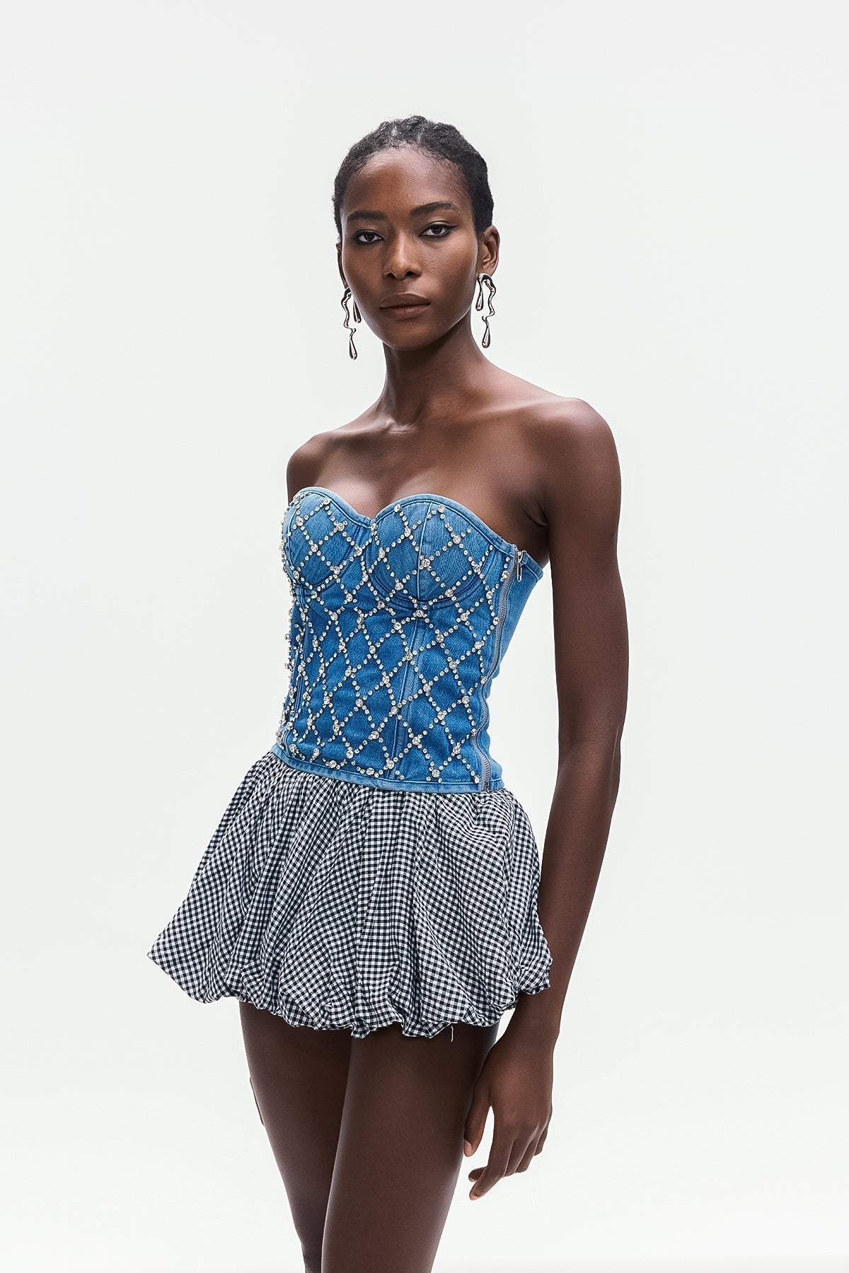 Jacqueline Crystal Embellished Strapless Denim Top in blue Avalabel