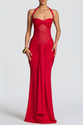 Bonao Halter Ruched Maxi Dress - Red Avalabel
