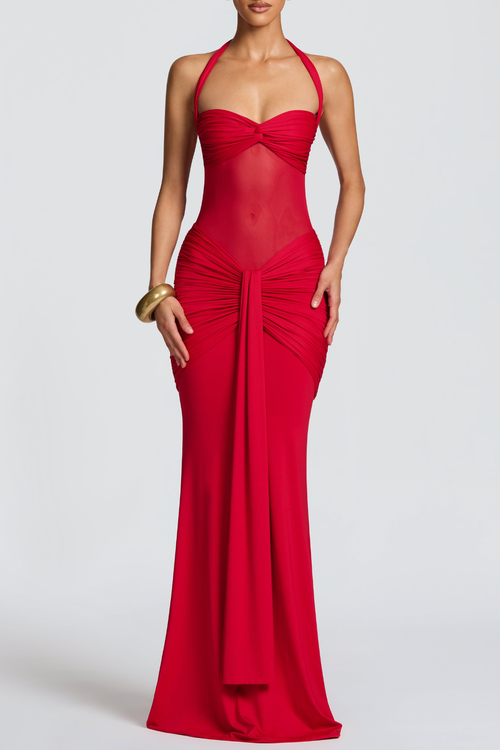 Bonao Halter Ruched Maxi Dress - Red Avalabel