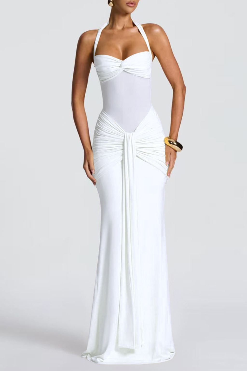 Bonao Halter Ruched Maxi Dress - White Avalabel