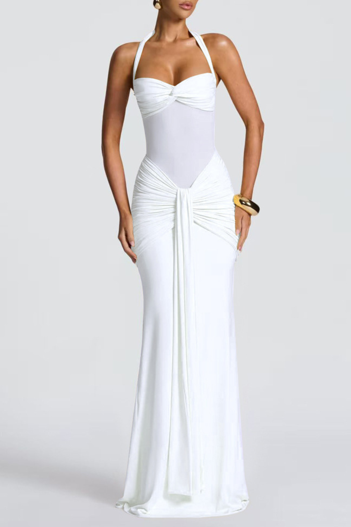 Bonao Halter Ruched Maxi Dress - White Avalabel