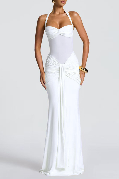 Bonao Halter Ruched Maxi Dress - White Avalabel