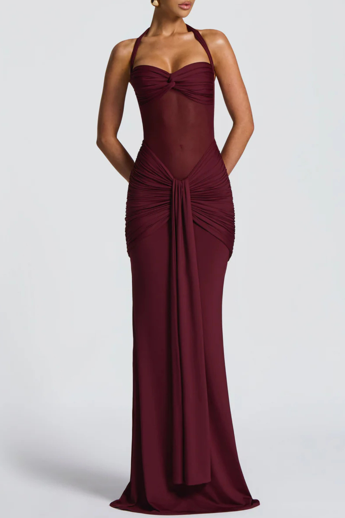 Bonao Halter Ruched Maxi Dress - Wine Avalabel