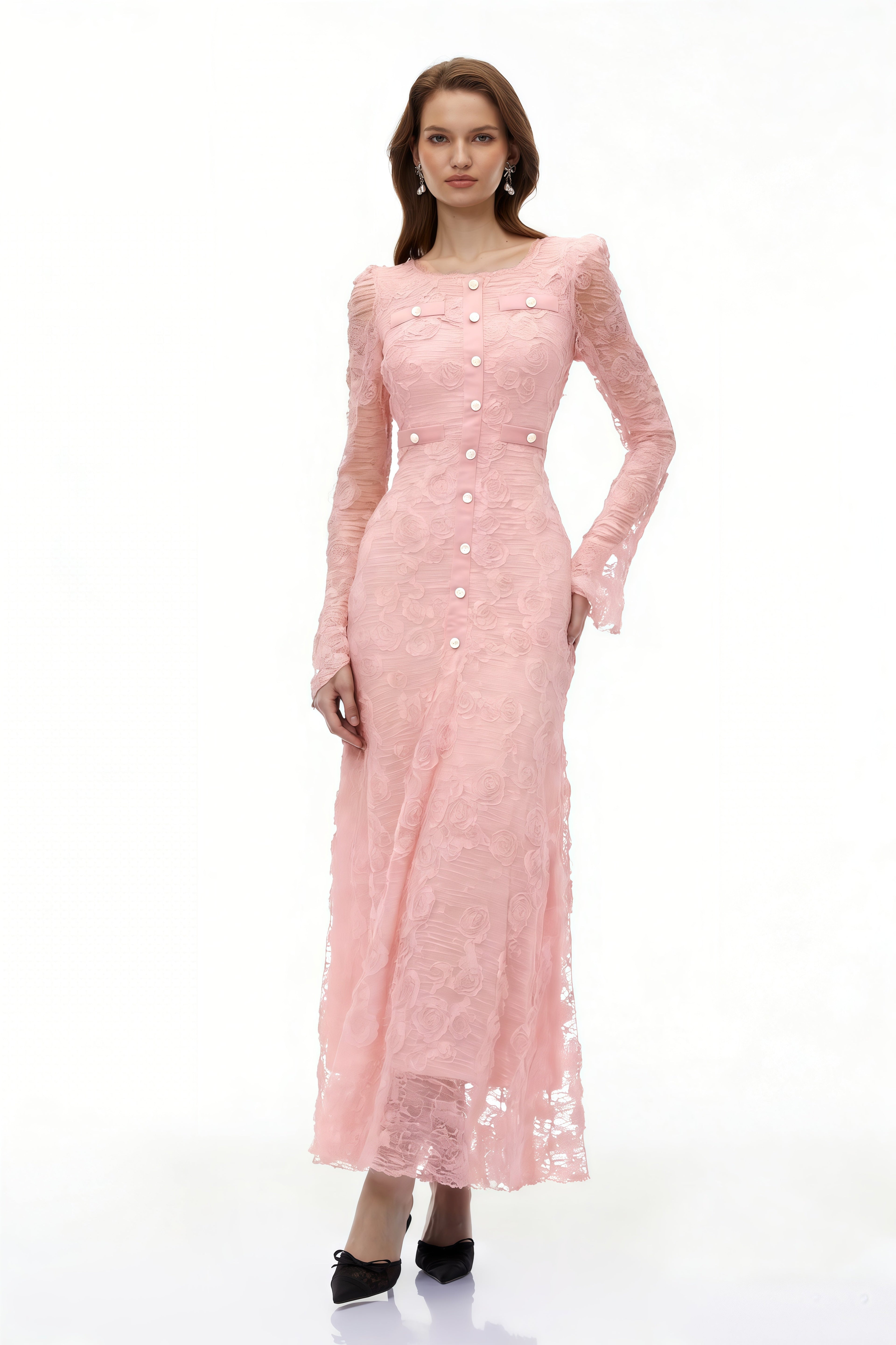 Tracy Pink 3D-Floral Embroidered Lace Maxi Dress Avalabel