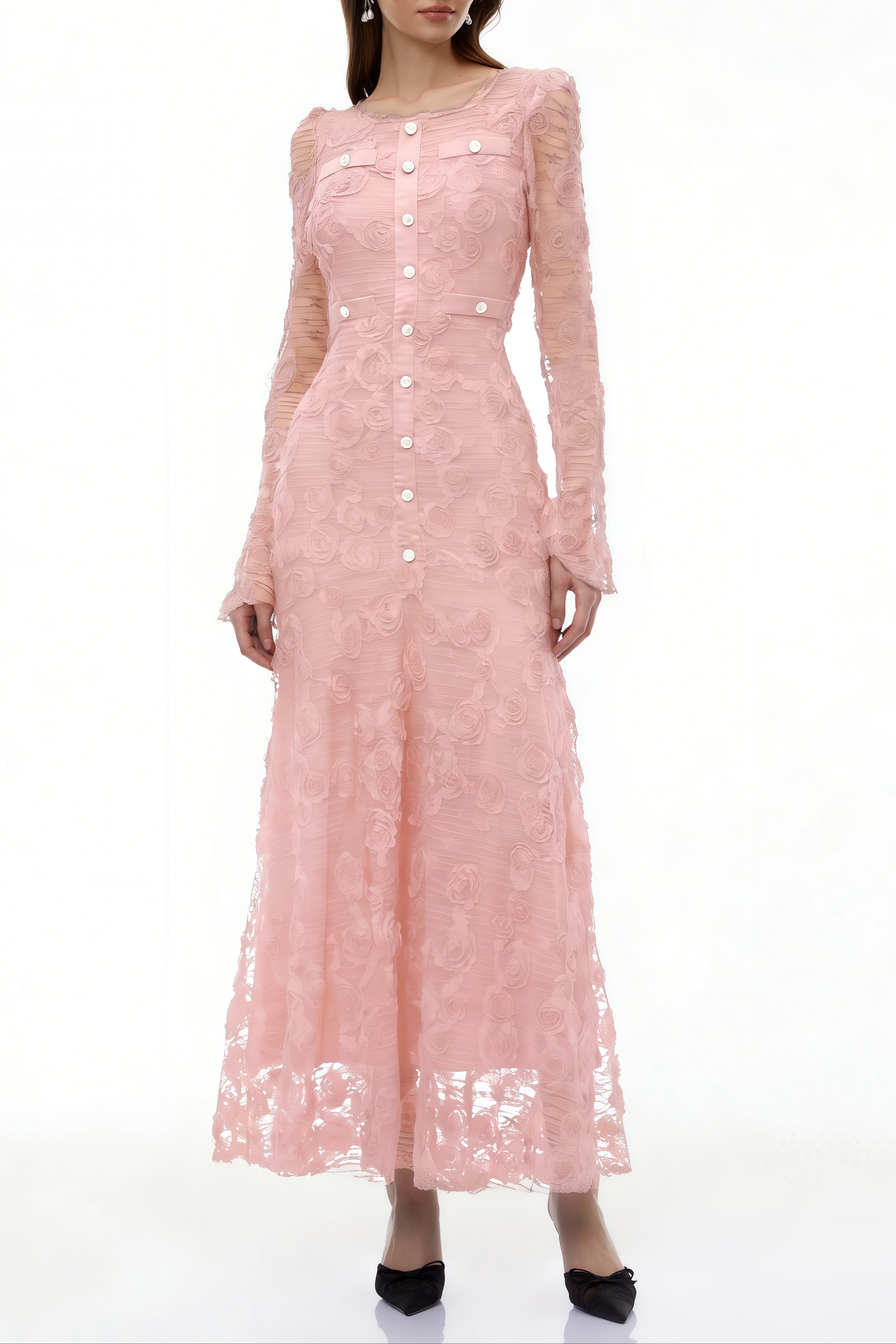 Tracy Pink 3D-Floral Embroidered Lace Maxi Dress Avalabel