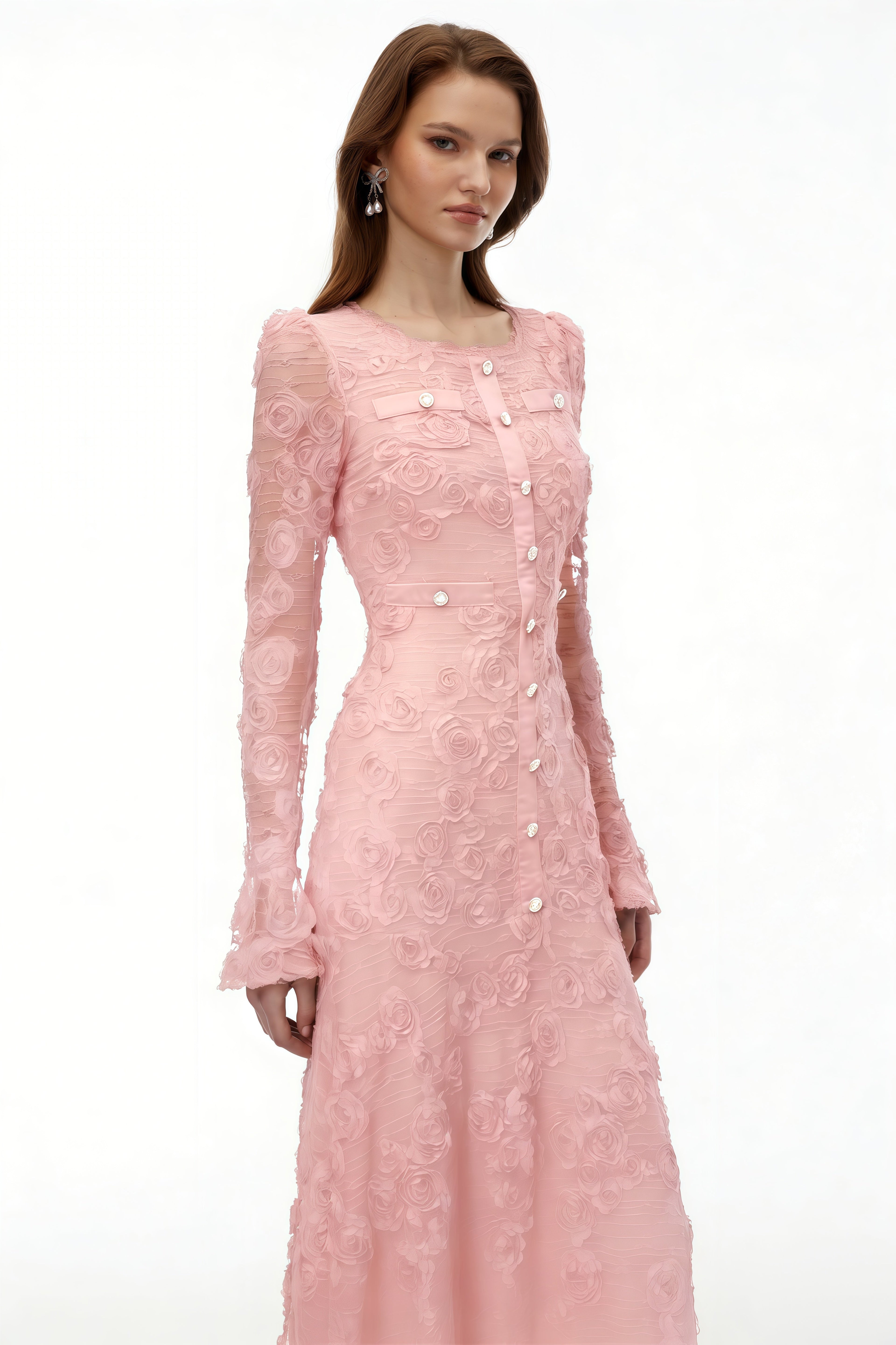 Tracy Pink 3D-Floral Embroidered Lace Maxi Dress Avalabel