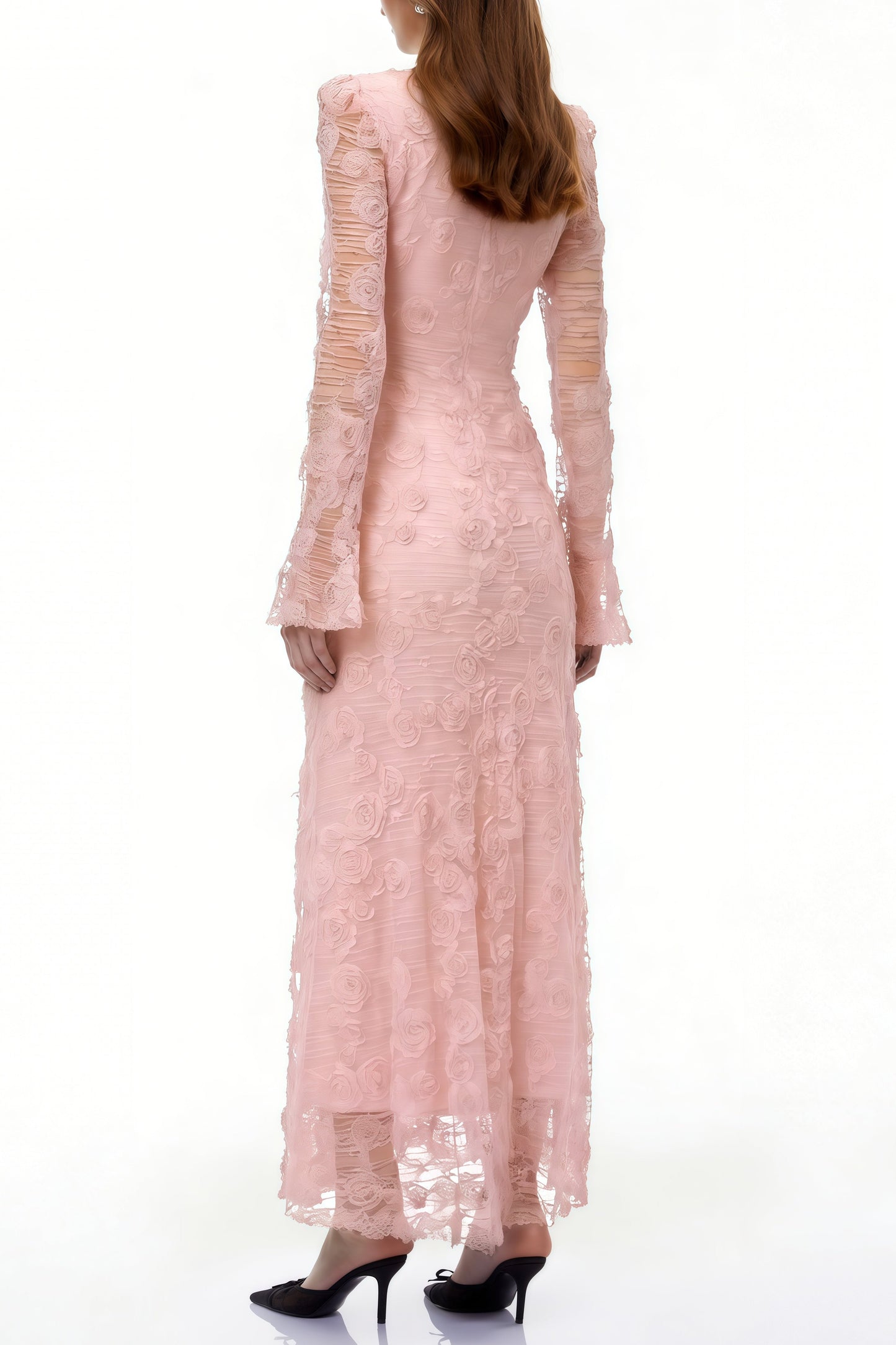 Tracy Pink 3D-Floral Embroidered Lace Maxi Dress Avalabel