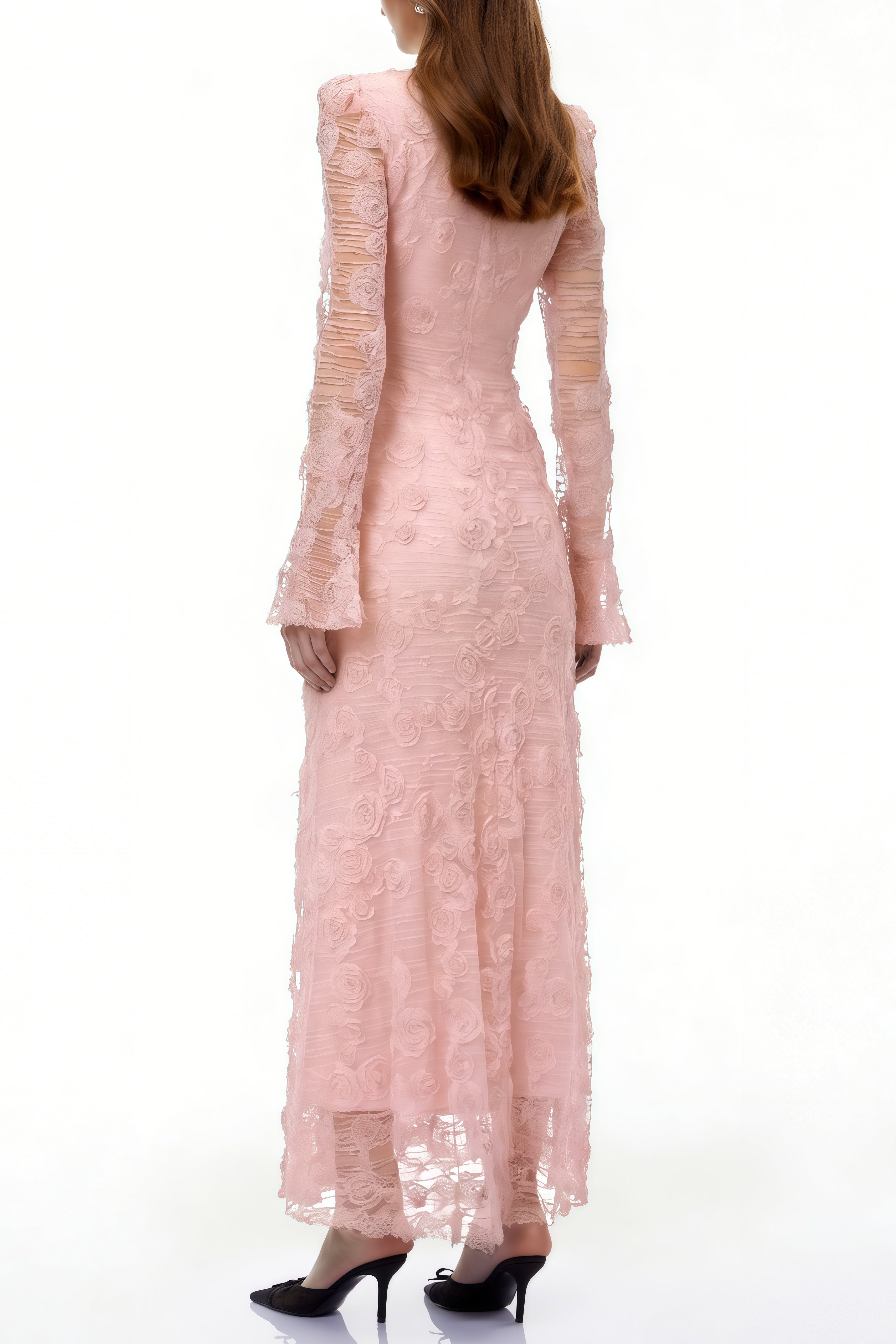 Tracy Pink 3D-Floral Embroidered Lace Maxi Dress Avalabel