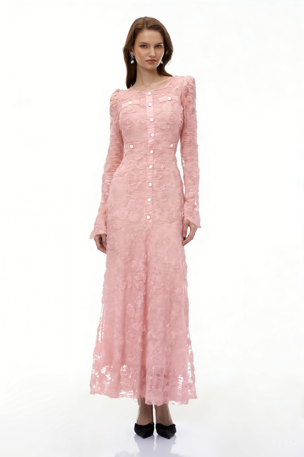 Tracy Pink 3D-Floral Embroidered Lace Maxi Dress Avalabel