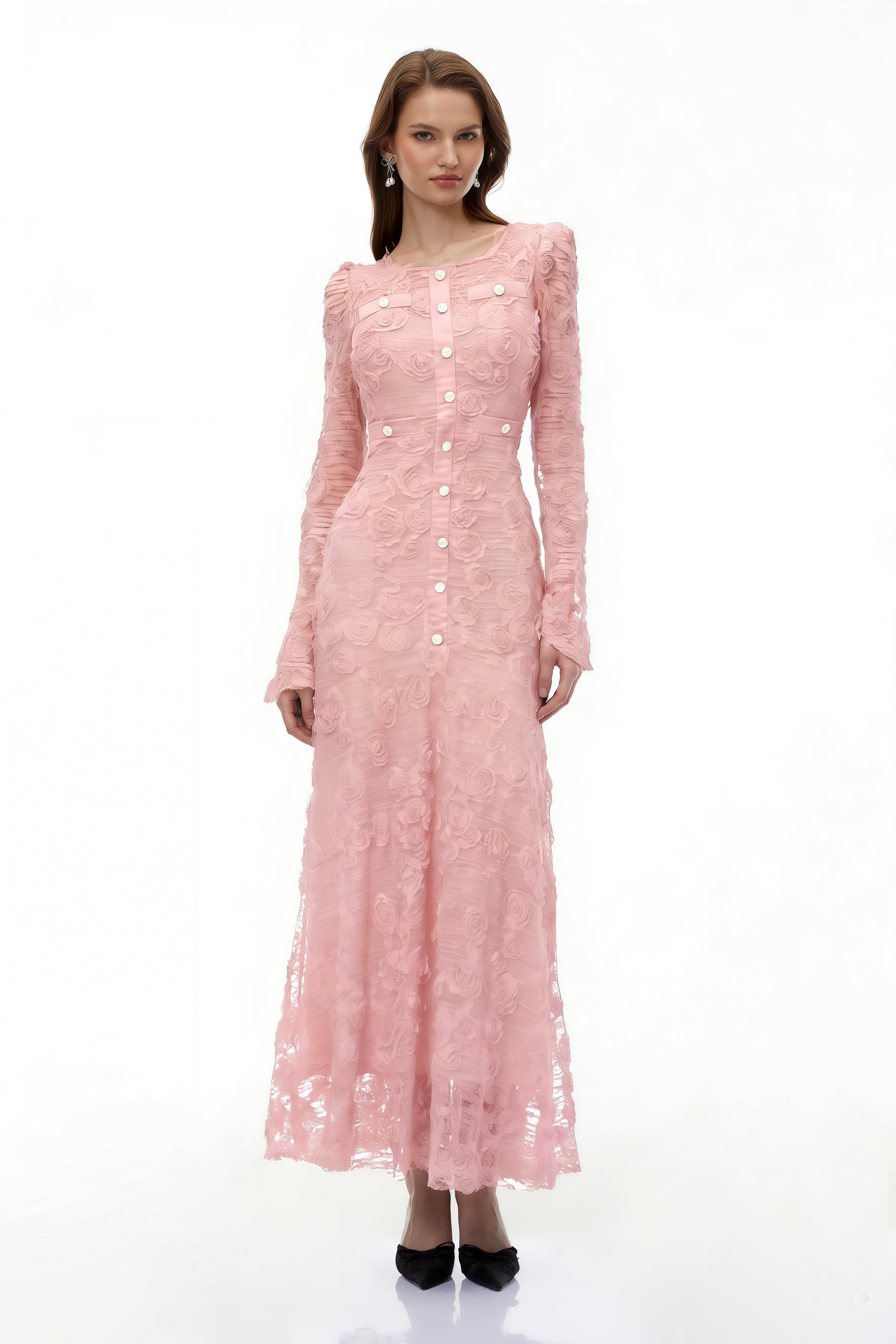 Tracy Pink 3D-Floral Embroidered Lace Maxi Dress Avalabel
