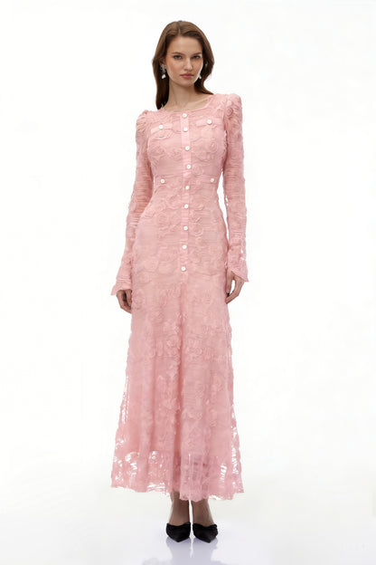 Tracy Pink 3D-Floral Embroidered Lace Maxi Dress Avalabel