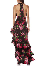 Georgia Floral Print Halter Ruffle Maxi Dress in Black Avalabel