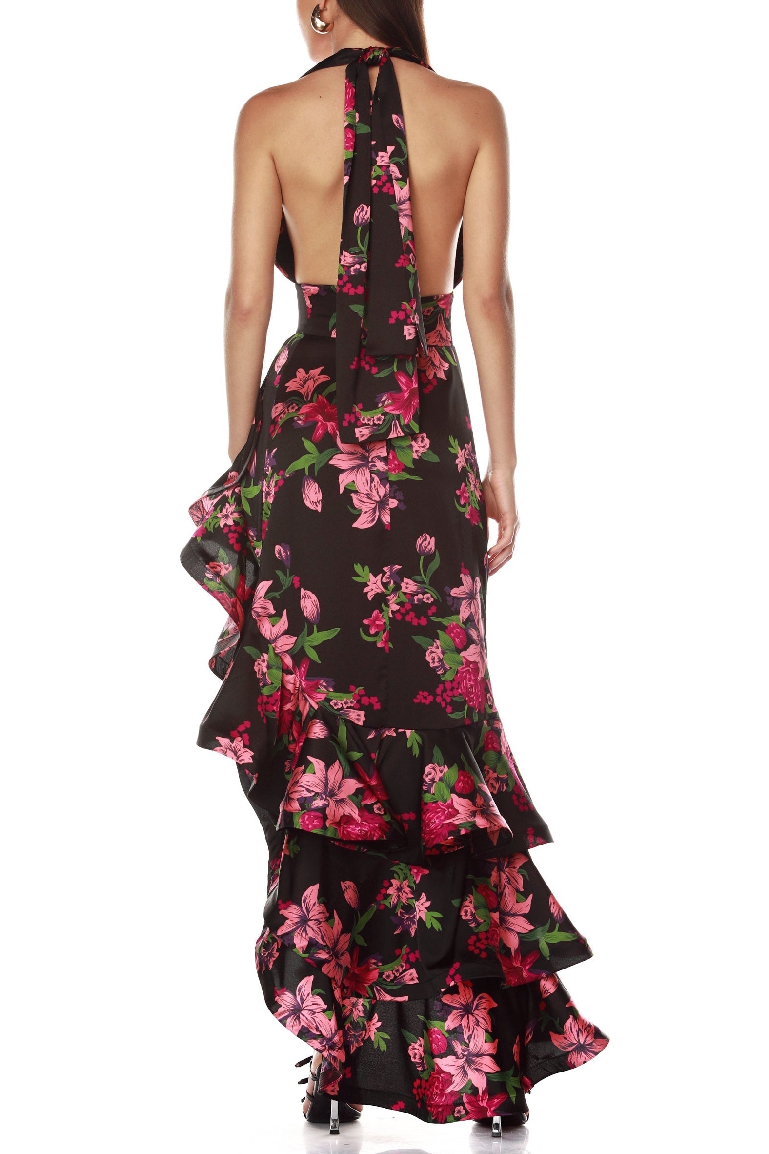 Georgia Floral Print Halter Ruffle Maxi Dress in Black Avalabel