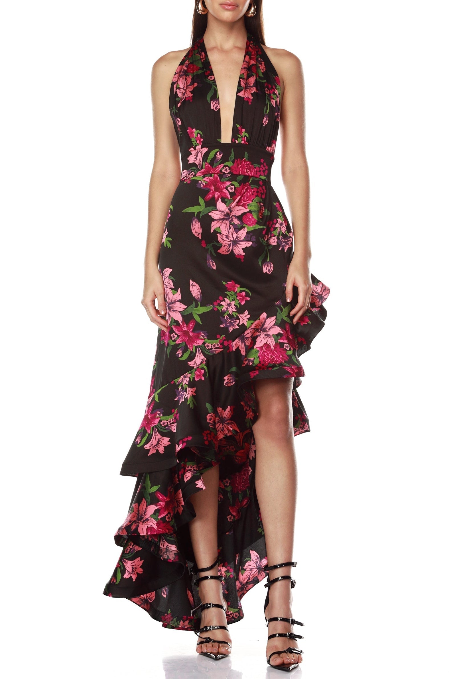Georgia Floral Print Halter Ruffle Maxi Dress in Black Avalabel