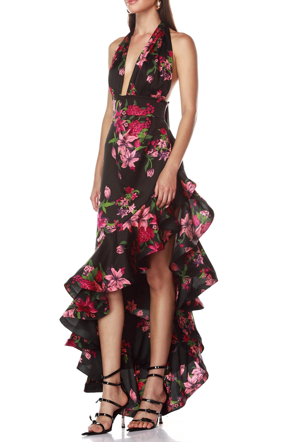 Georgia Floral Print Halter Ruffle Maxi Dress in Black Avalabel