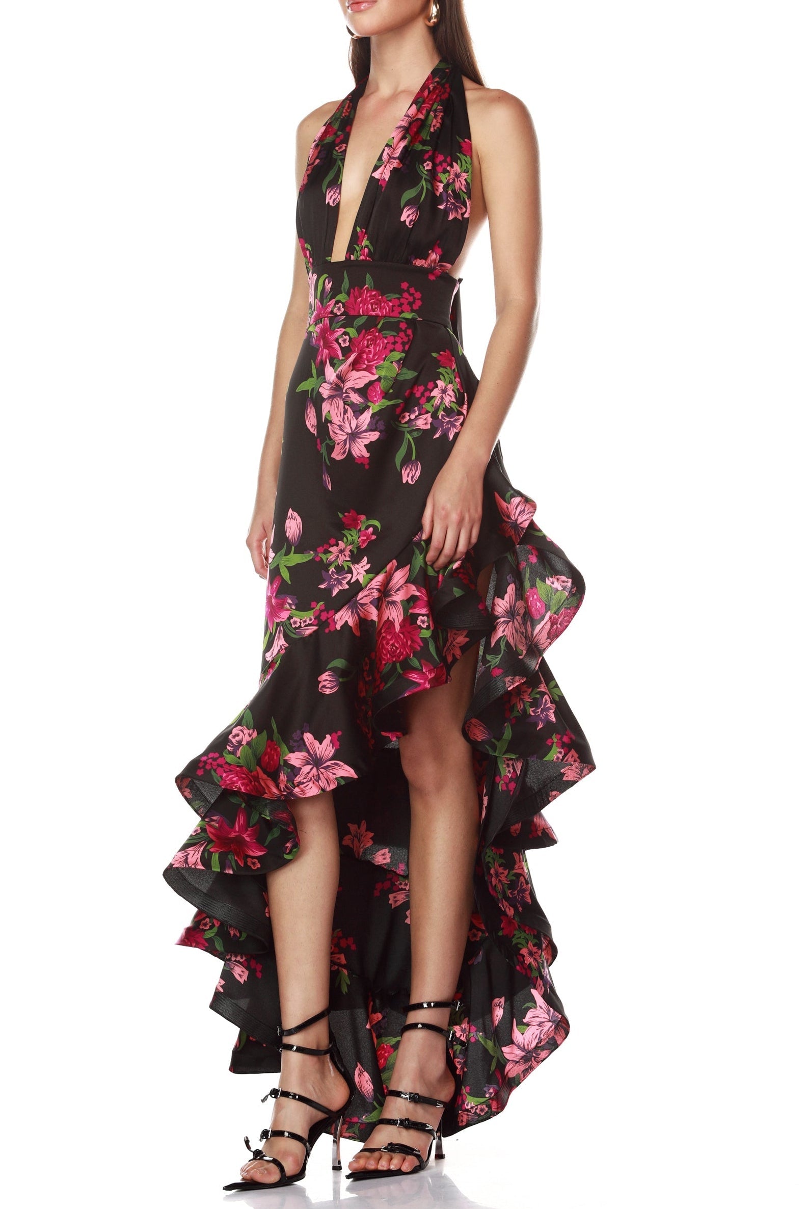 Georgia Floral Print Halter Ruffle Maxi Dress in Black Avalabel