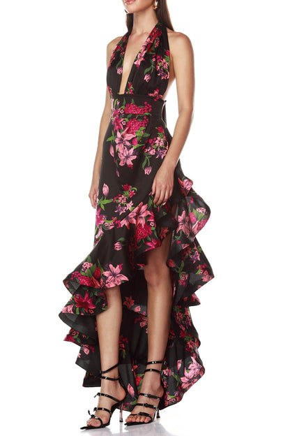 Georgia Floral Print Halter Ruffle Maxi Dress in Black