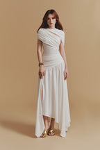 CASSIA Asymmetrical Ruched Top Midi Skirt Set in White Avalabel