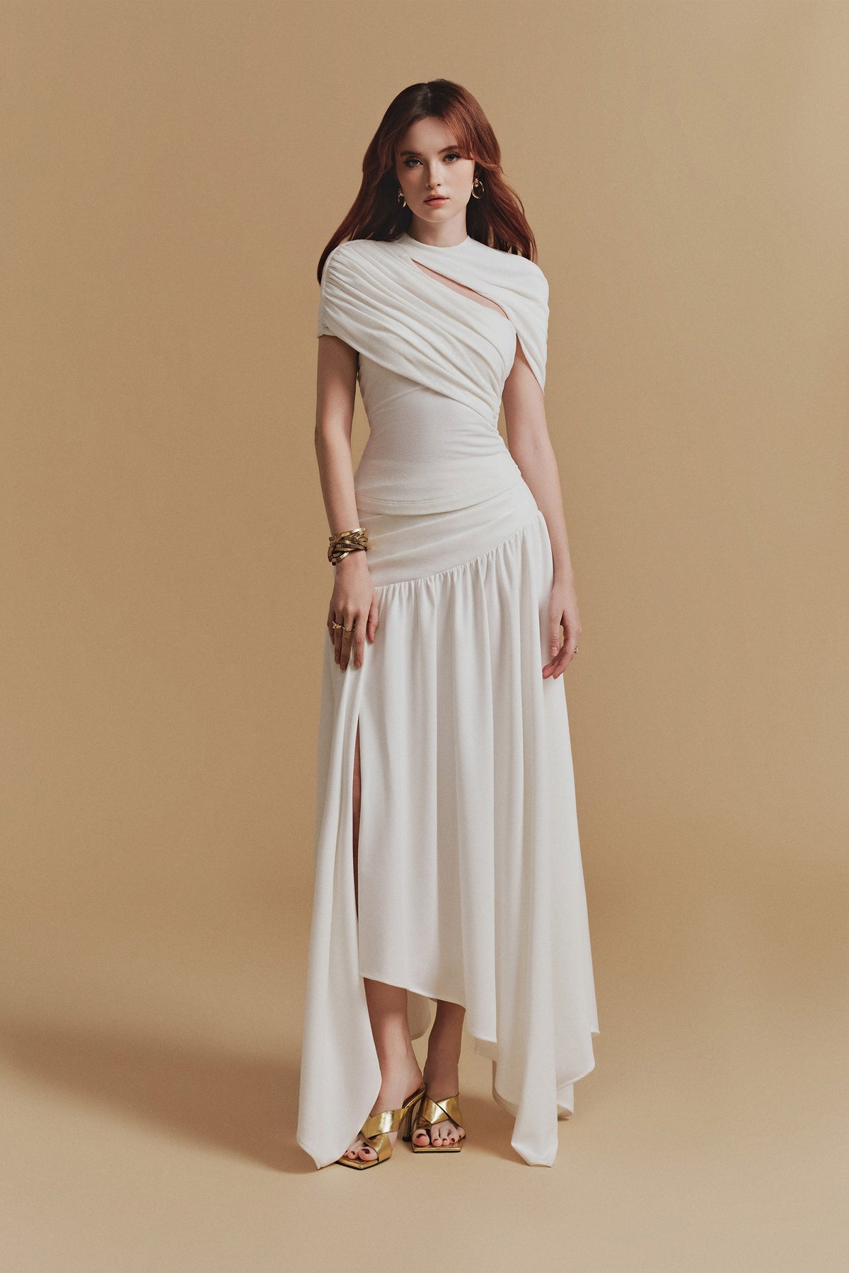 CASSIA Asymmetrical Ruched Top Midi Skirt Set in White Avalabel