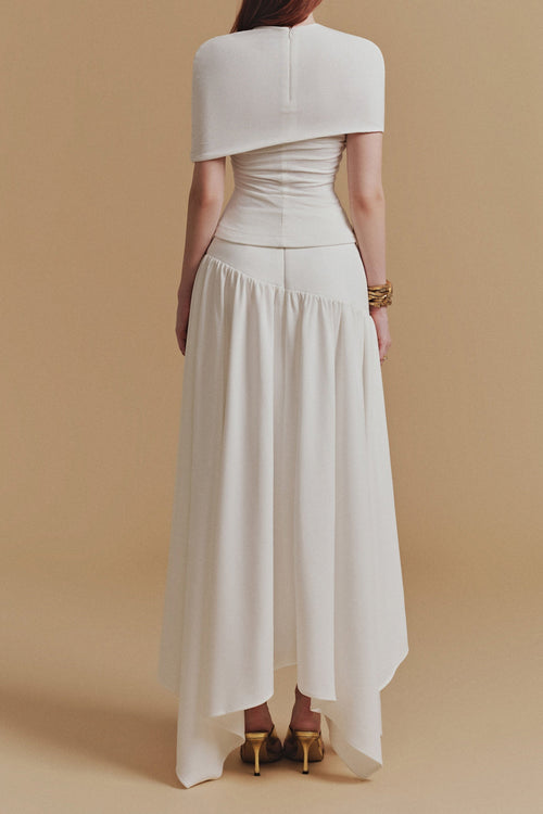 CASSIA Asymmetrical Ruched Top Midi Skirt Set in White Avalabel