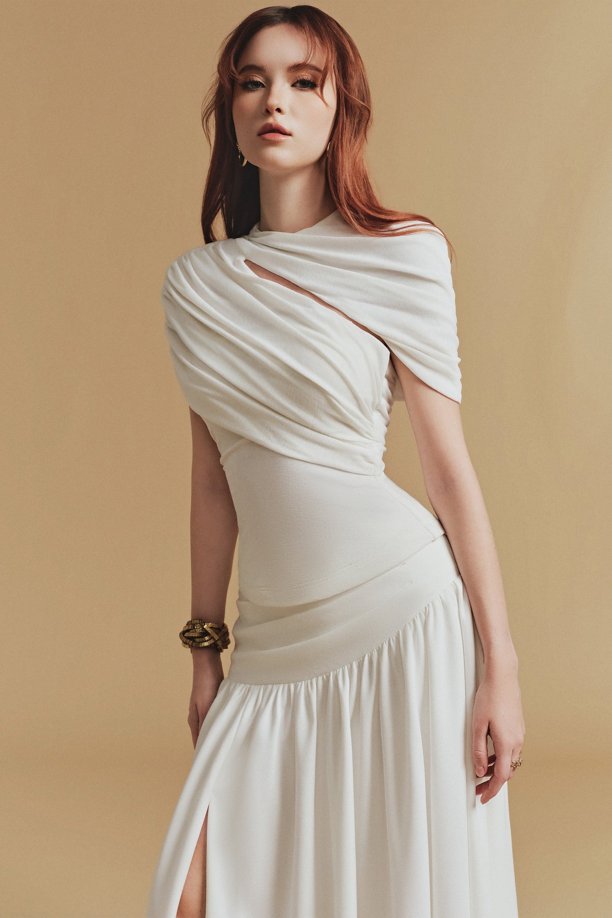 CASSIA Asymmetrical Ruched Top Midi Skirt Set in White Avalabel