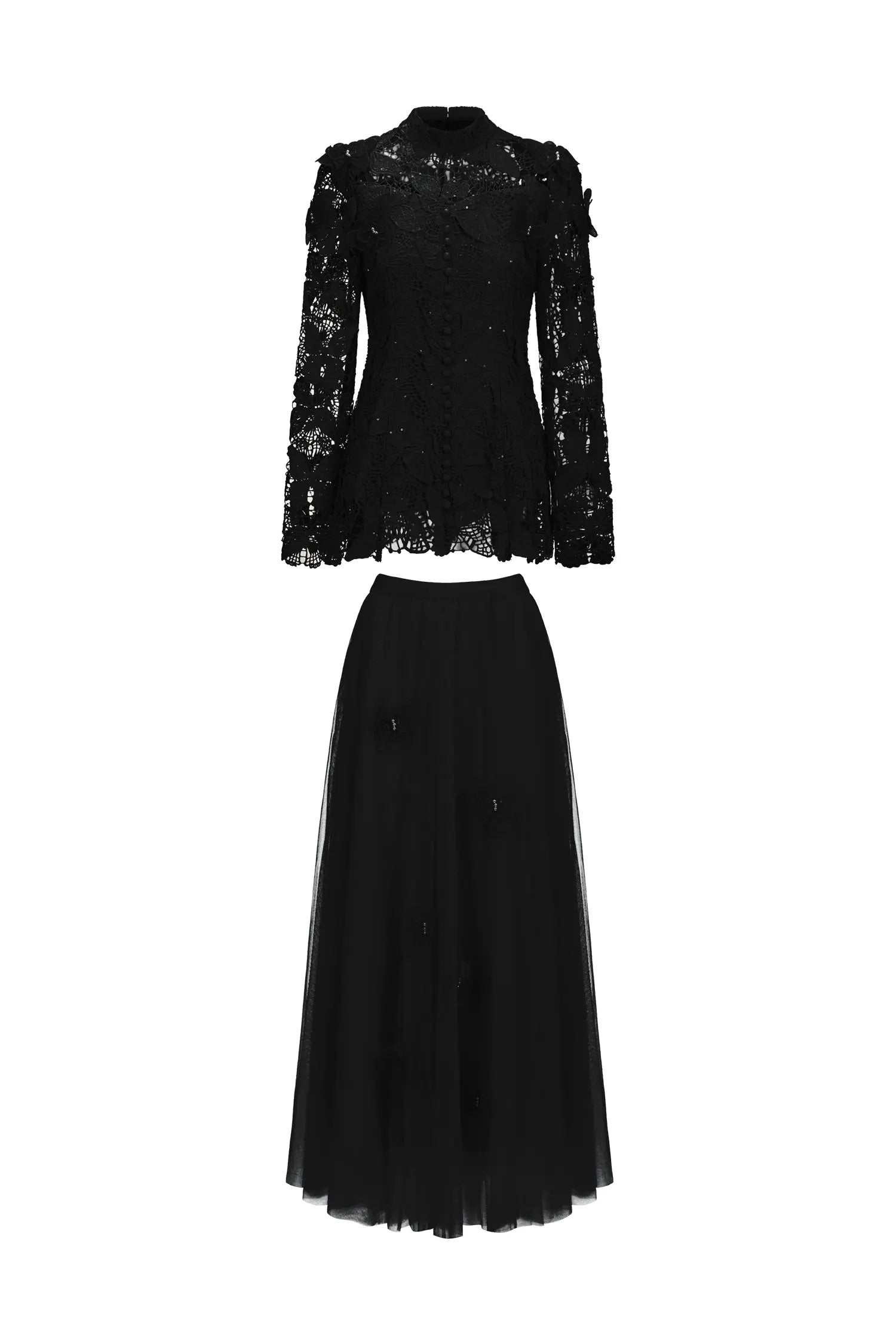 yvette black Long Sleeve Folds Lace Butterfly Top And Skirt Two-Piece Set Avalabel
