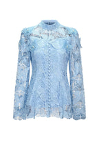 yvette blue Long Sleeve Folds Lace Butterfly Top And Skirt Two-Piece Set Avalabel