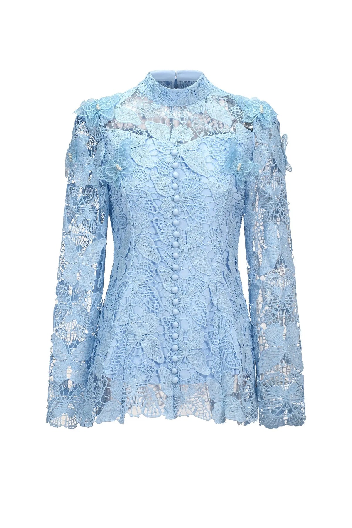 yvette blue Long Sleeve Folds Lace Butterfly Top And Skirt Two-Piece Set Avalabel