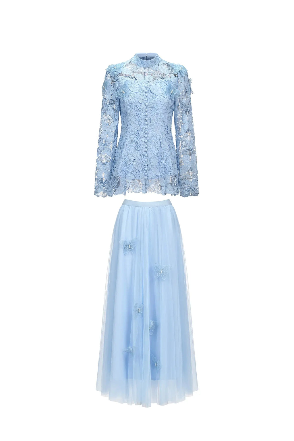 yvette blue Long Sleeve Folds Lace Butterfly Top And Skirt Two-Piece Set Avalabel