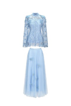 yvette blue Long Sleeve Folds Lace Butterfly Top And Skirt Two-Piece Set Avalabel