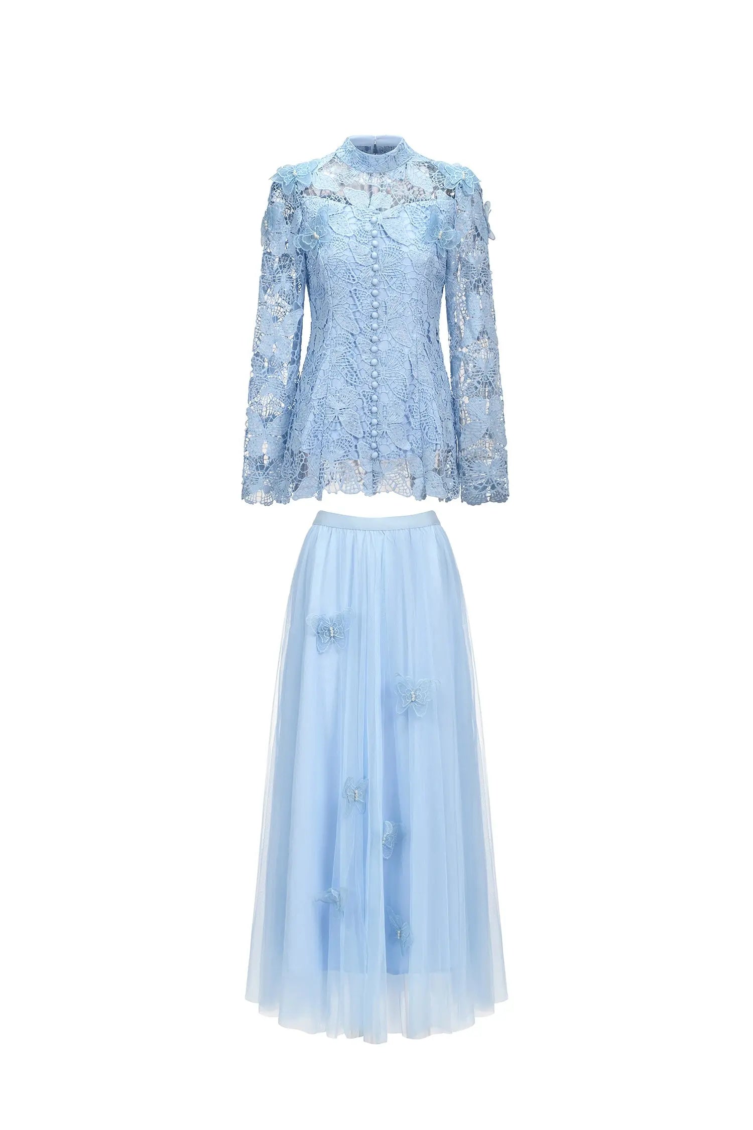 yvette blue Long Sleeve Folds Lace Butterfly Top And Skirt Two-Piece Set Avalabel