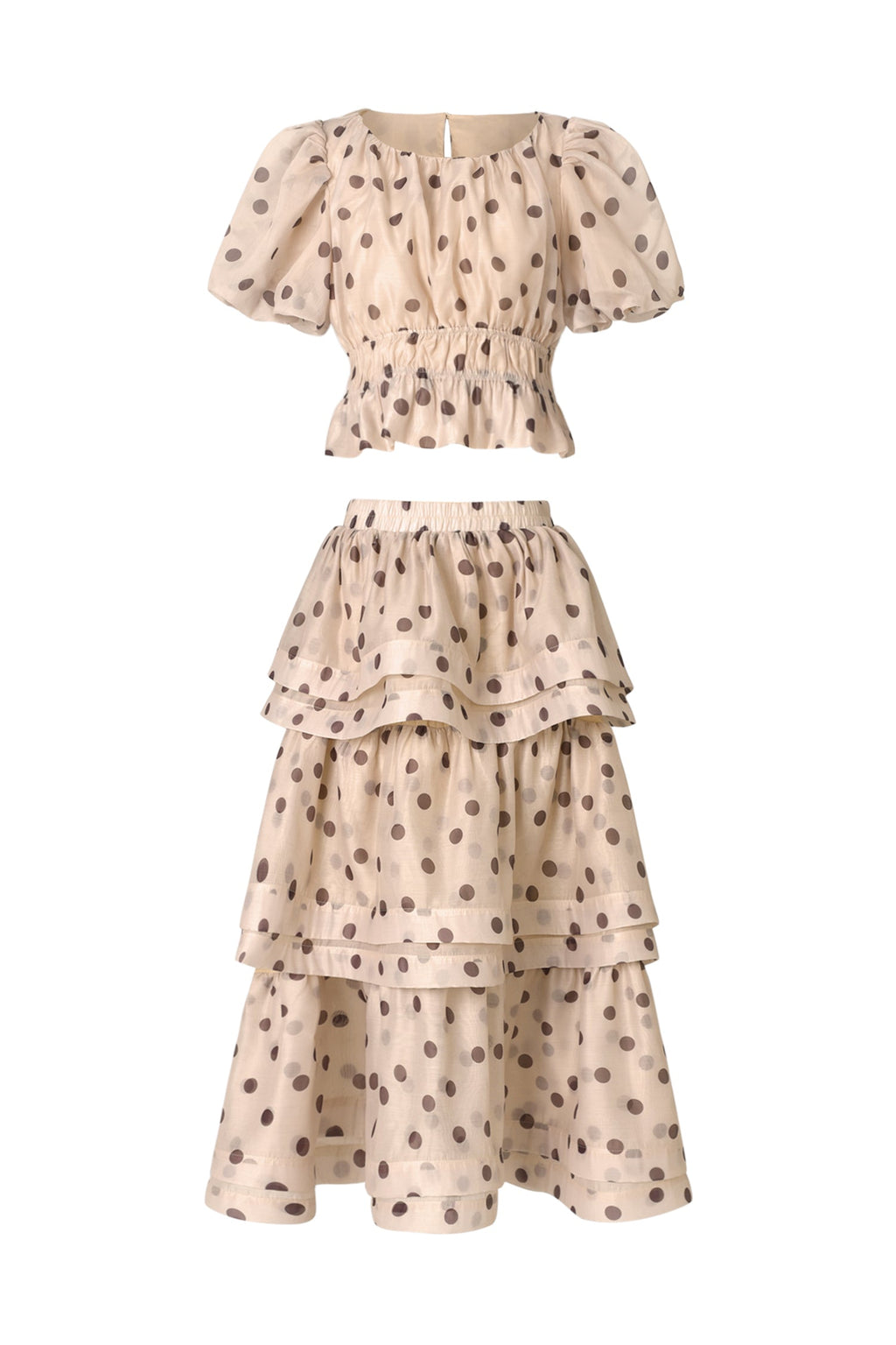 Damla Beige Puff Sleeves Dot Printed Top and Skirt Two-Piece Set Avalabel