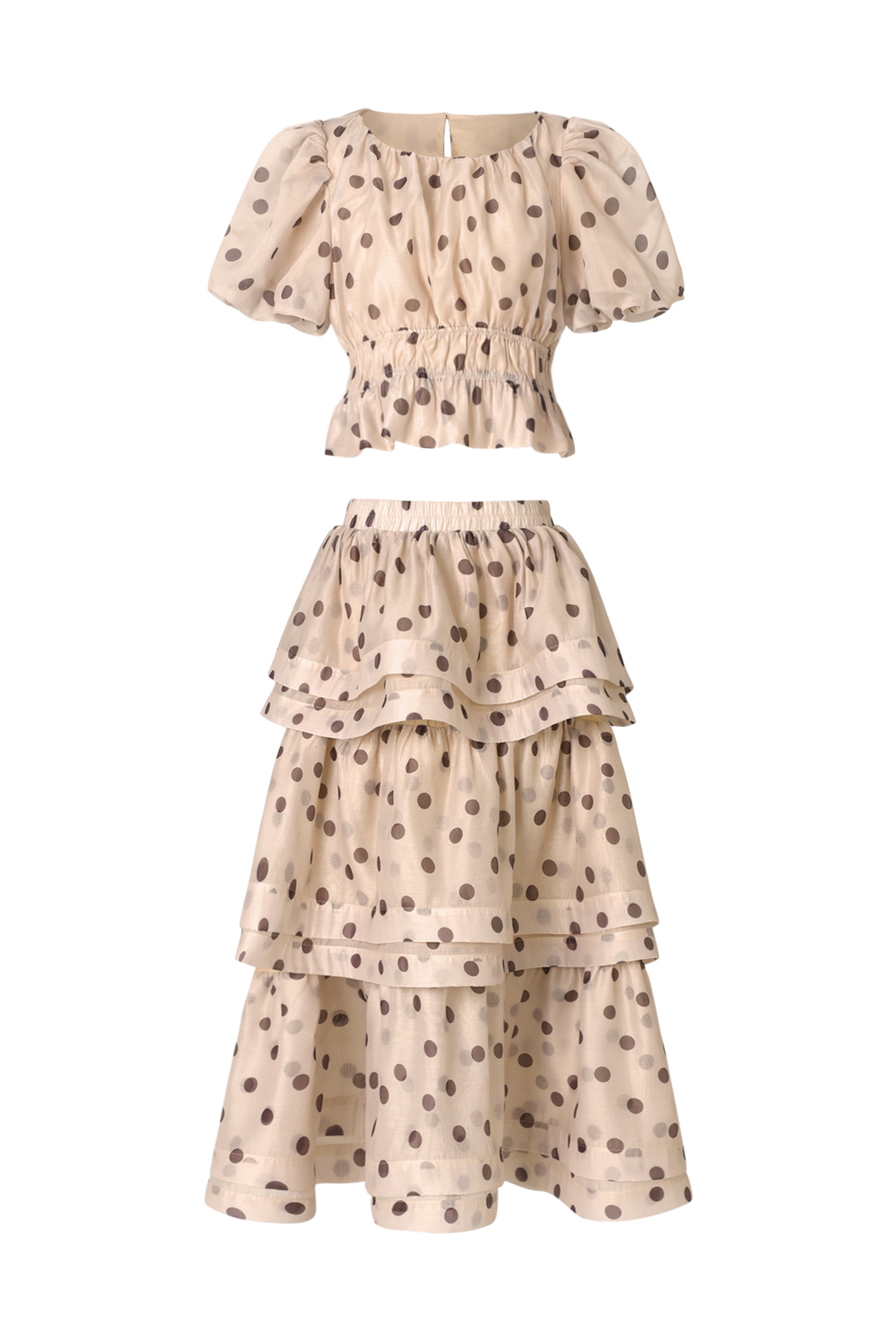 Damla Beige Puff Sleeves Dot Printed Top and Skirt Two-Piece Set Avalabel