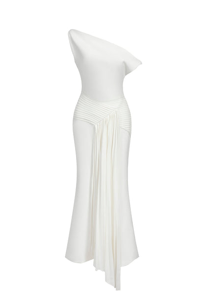 Paulina Oblique Shoulder Sleeveless Folds Midi Dress Avalabel