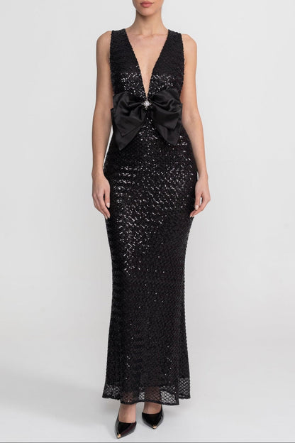 Sequin Maxi Dress With Satin Bow Detail - Black