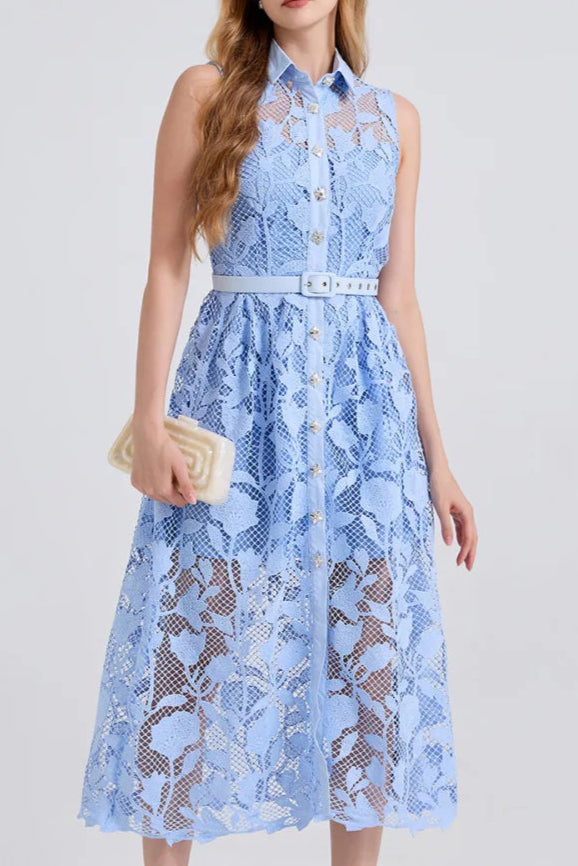 NECKLINE SLEEVELESS PINCHED WAIST MIDI DRESS IN BLUE Avalabel