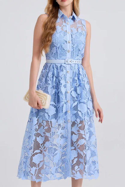 NECKLINE SLEEVELESS PINCHED WAIST MIDI DRESS IN BLUE