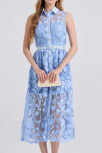 NECKLINE SLEEVELESS PINCHED WAIST MIDI DRESS IN BLUE Avalabel