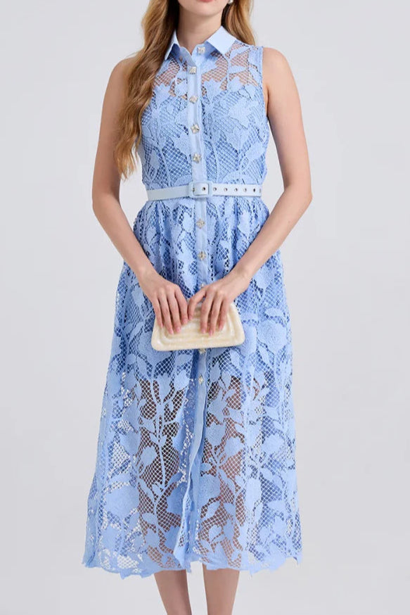 NECKLINE SLEEVELESS PINCHED WAIST MIDI DRESS IN BLUE Avalabel