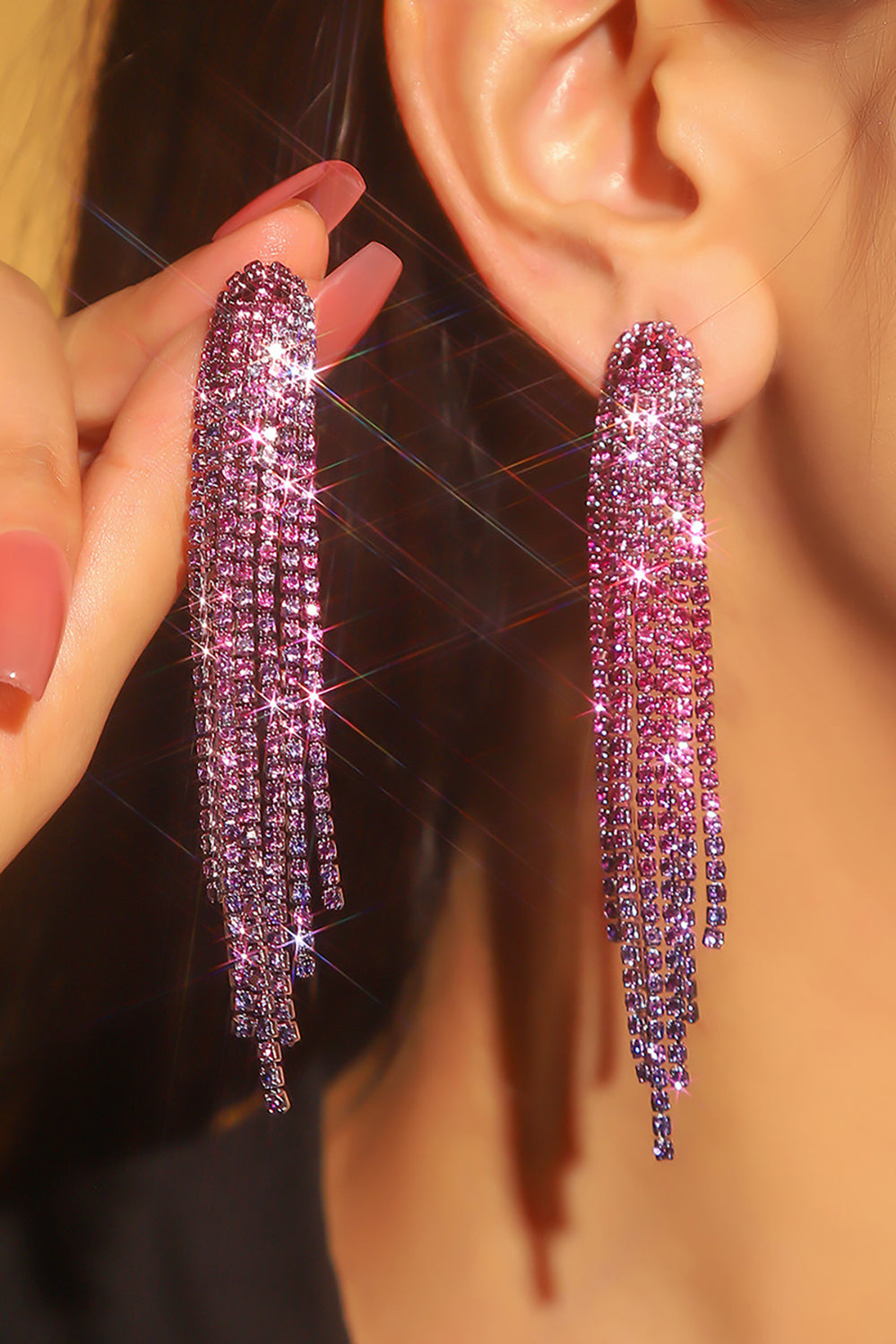 Shiny Rhinestone Long Tassel Earrings Avalabel