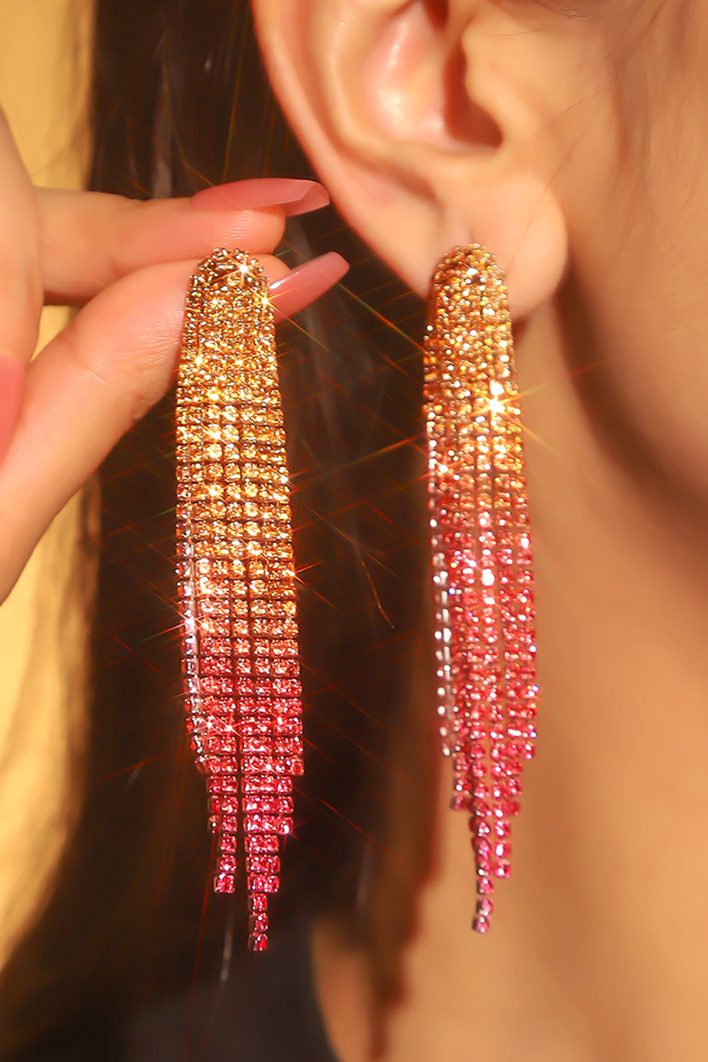 Shiny Rhinestone Long Tassel Earrings Avalabel