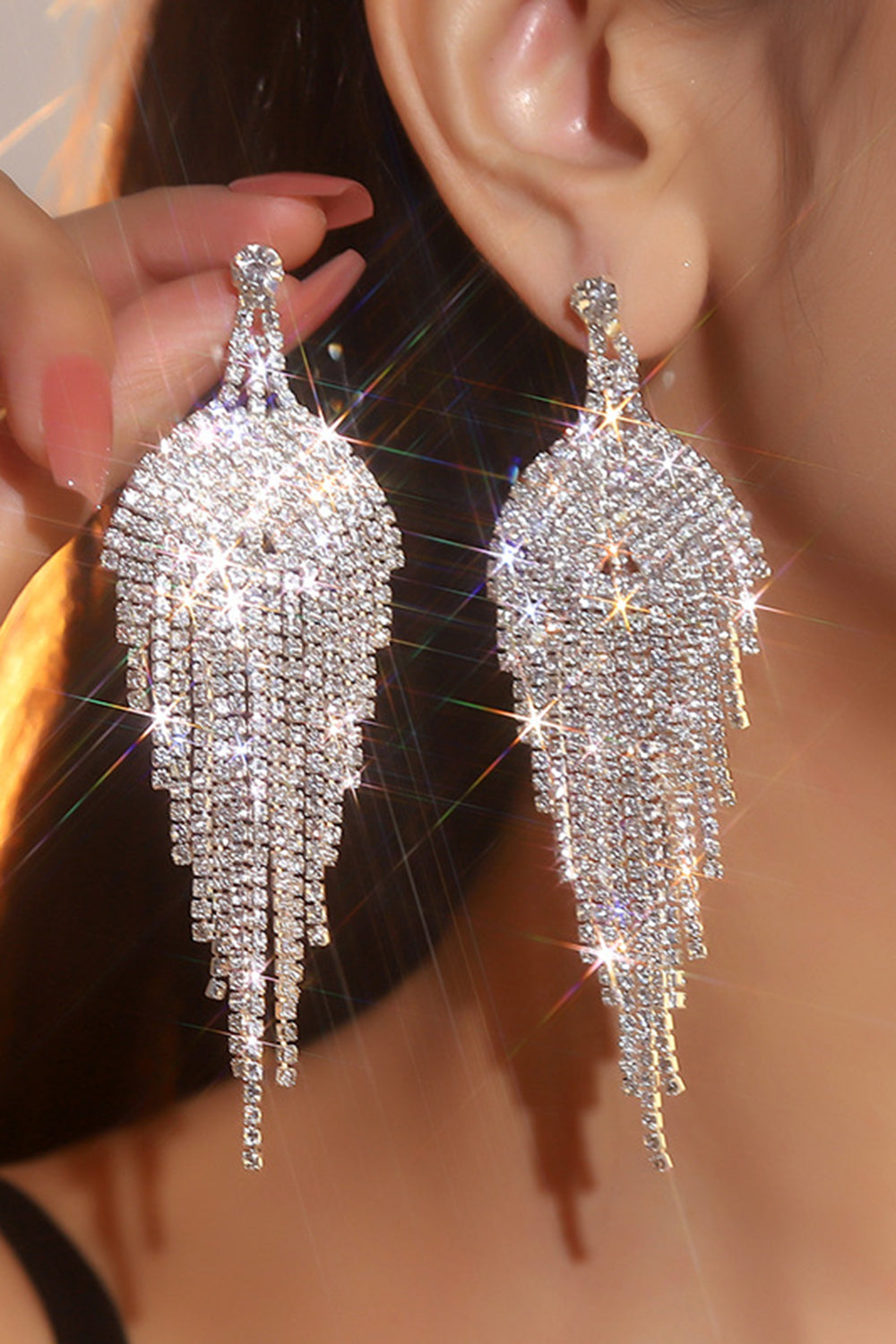 Glitter Silver Tassel Rhinestone Dangle Earrings Avalabel