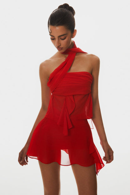 Cabau Chiffon Wrap Around Top - Red Avalabel