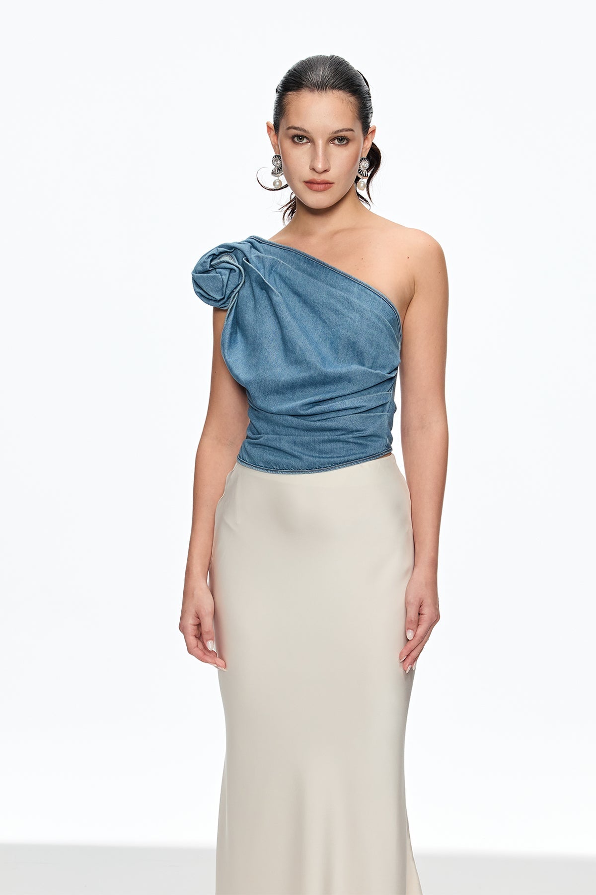 Florence One Shoulder Flower Top in Blue Avalabel